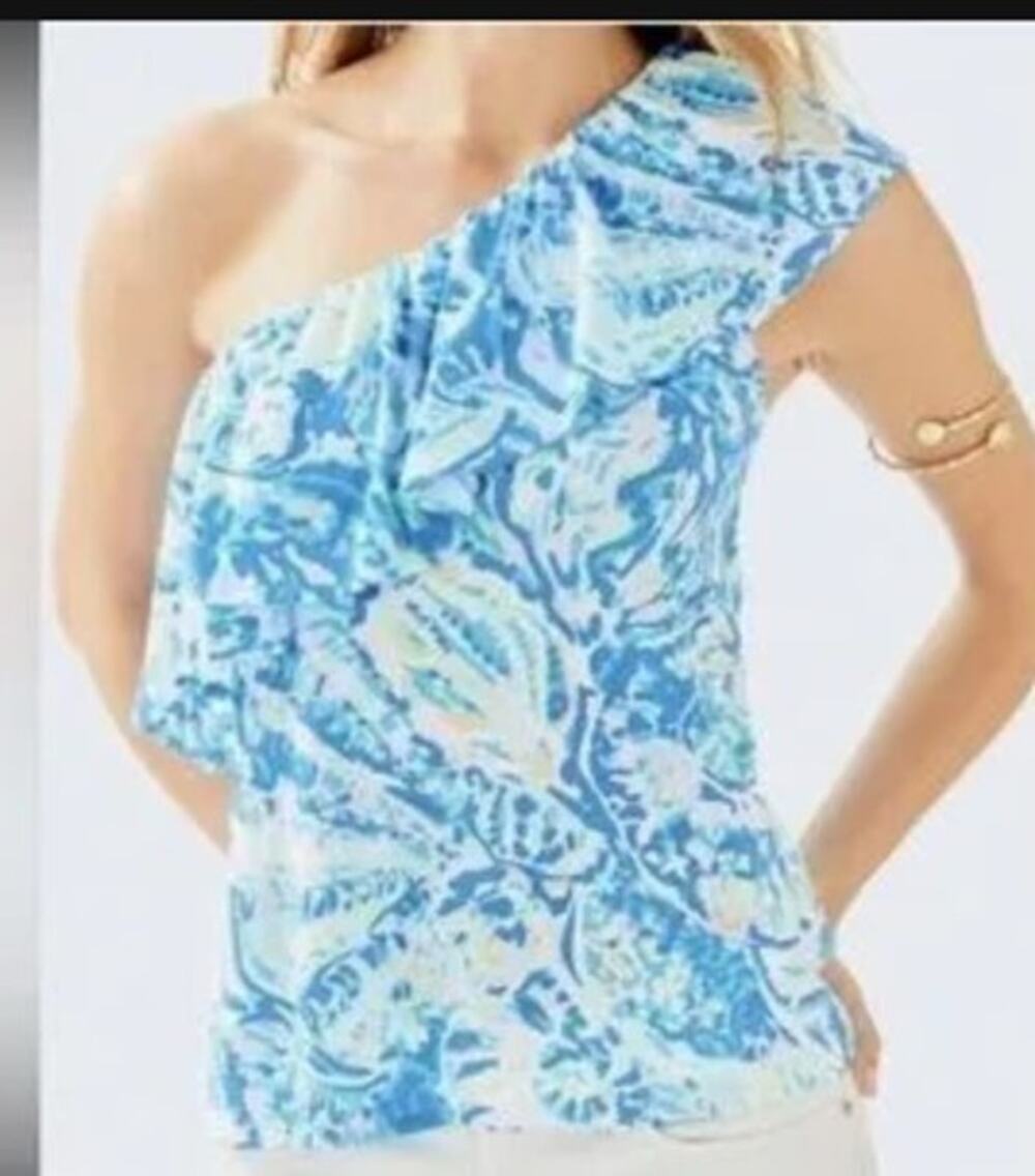 Lilly Pulitzer Shirt Womens X-Small One Shoulder Shirt Shades of Blue Beachy Fun